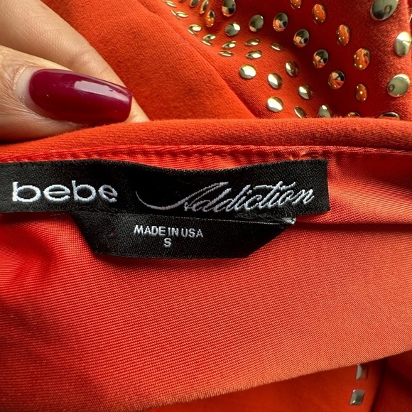 BEBE addiction, Orange Coloured Studded Mini Dress Scoop Neck open back. Size S - Picture 6 of 7
